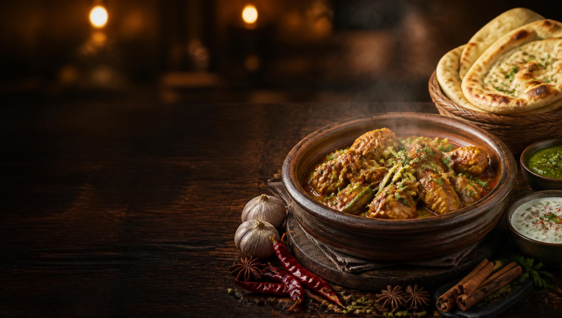 Steaming chicken karahi with fresh naan, chutneys and spices on a rustic wooden table